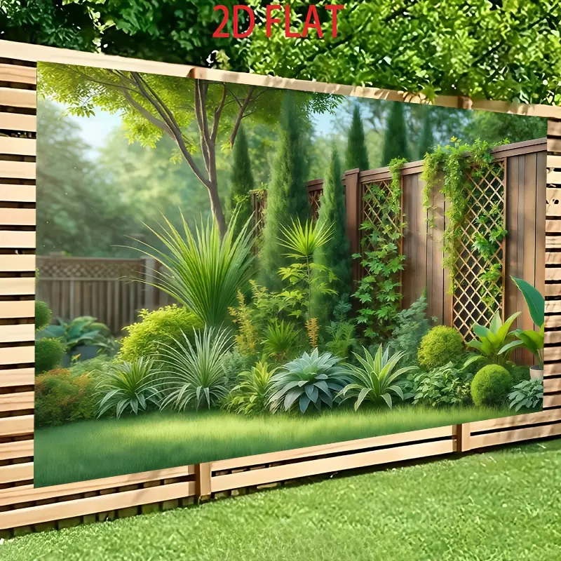 Garden Vine Fence 2D Flat Banner, Single-Sided Polyester Fabric with Metal Grommets for Easy Hanging, Greenery Floral Wall Backdrop for Garden Parties, Photo Booths, Patio & Indoor/Outdoor Decor, Outdoor Garden Accessory, Outdoor Banners