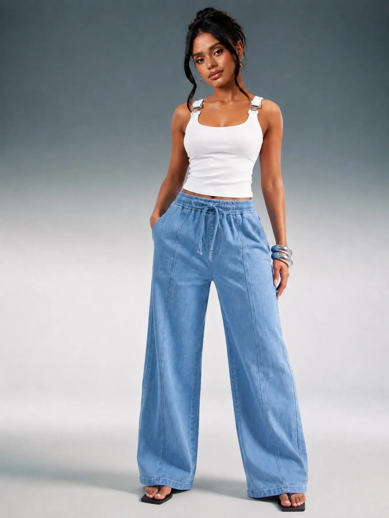 Drawstring Waist Wide Leg Jeans, Loose Fit, Perfect for Pear Shape, Women's Casual Office Fashion, Soft Elastic Waist, Daily Commute Wear