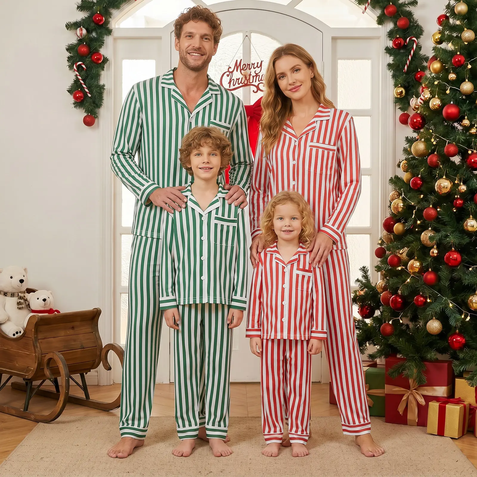 Unisex Family Matching Striped Full-Length Christmas Pajamas Set - Polyester Tops, Polyester Pants, Holiday Sleepwear