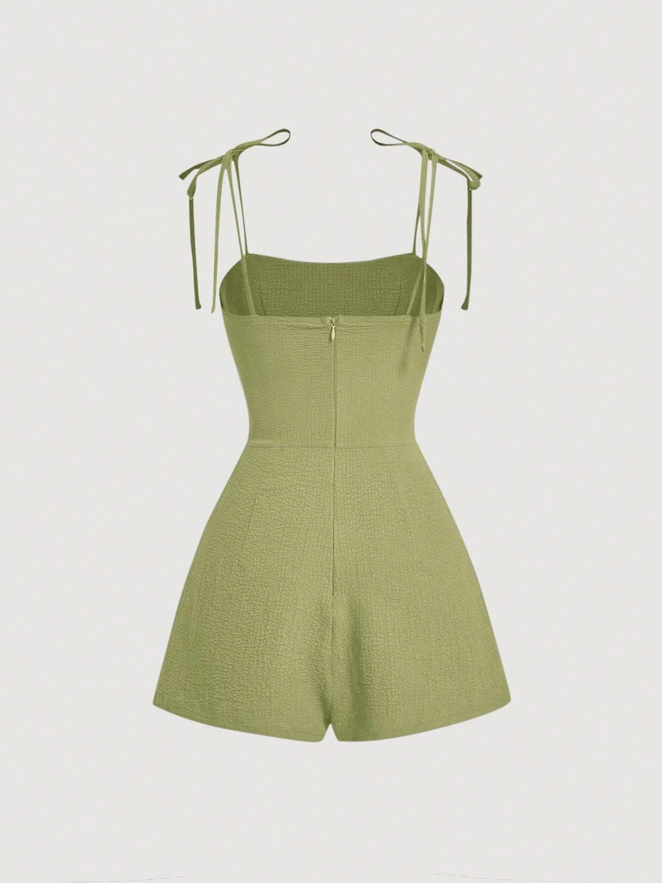 Women's Plain Tie Shoulder Romper, Casual Sleeveless Zipper Romper for Summer, Women's Clothes for Daily Wear