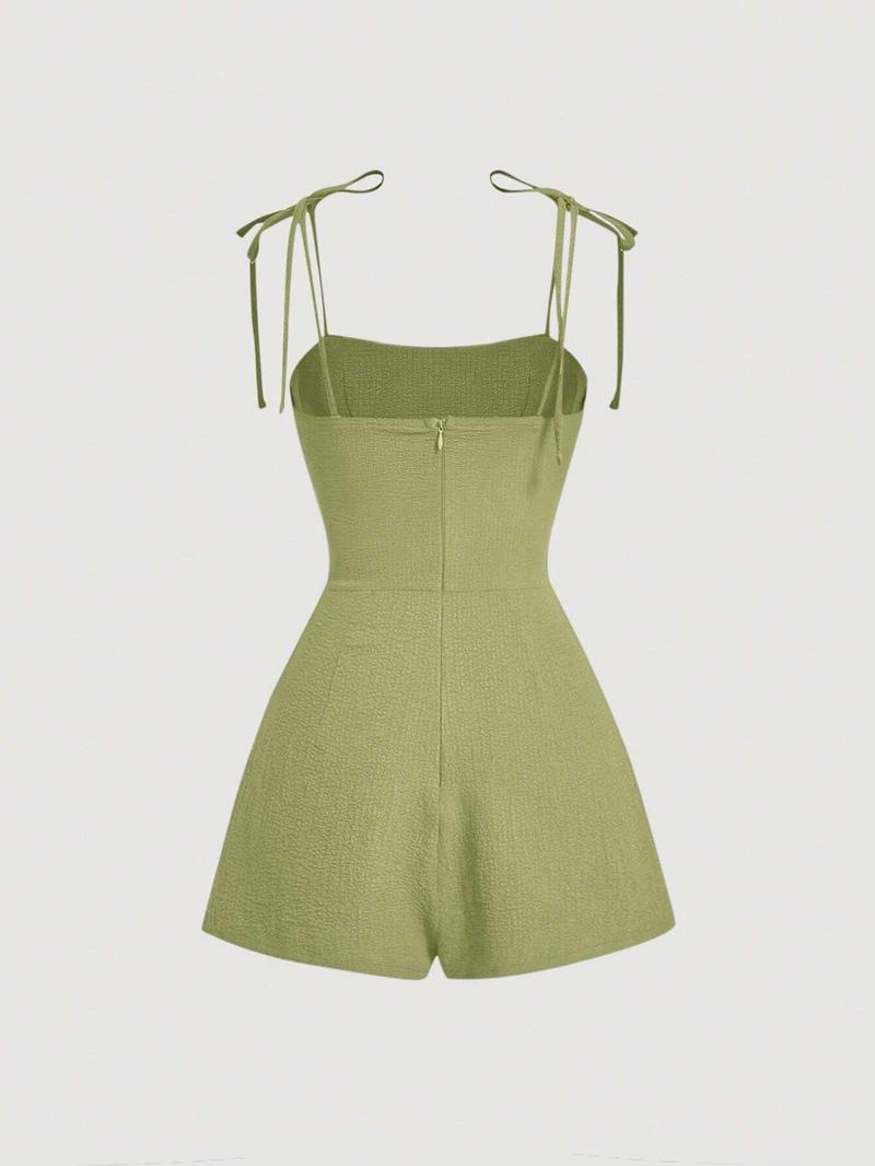 Women's Plain Tie Shoulder Romper, Casual Sleeveless Zipper Romper for Summer, Women's Clothes for Daily Wear