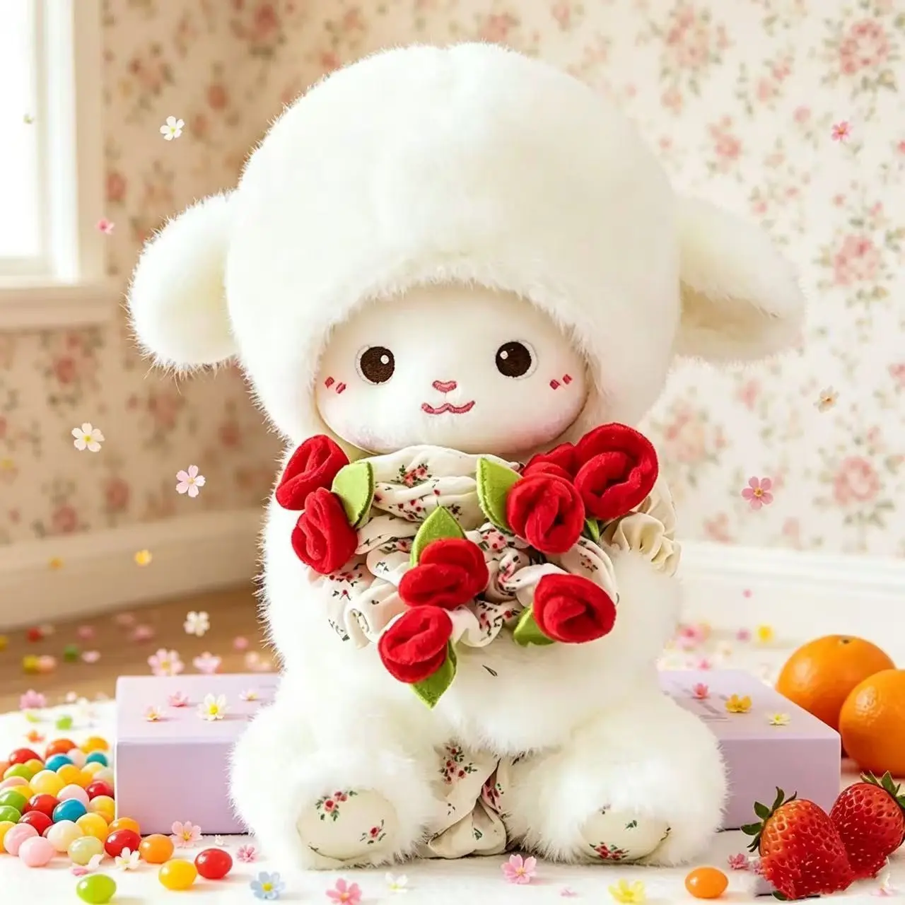 Plush Bunny Doll with Stretchable Rose, Magnetic Flower Design, Transformable Hat and Bouquet, Creative Gift Idea