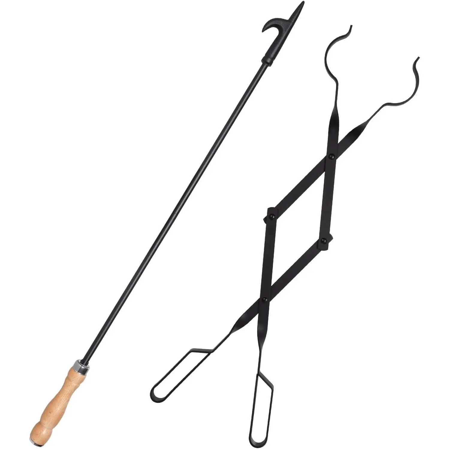 Heavy-duty 32inch fireplace fire pit ignition stick and 26inch fireplace tongs tool set, with wood grabber, rust-resistant black coating, suitable for indoor/outdoor camping fireplace tools