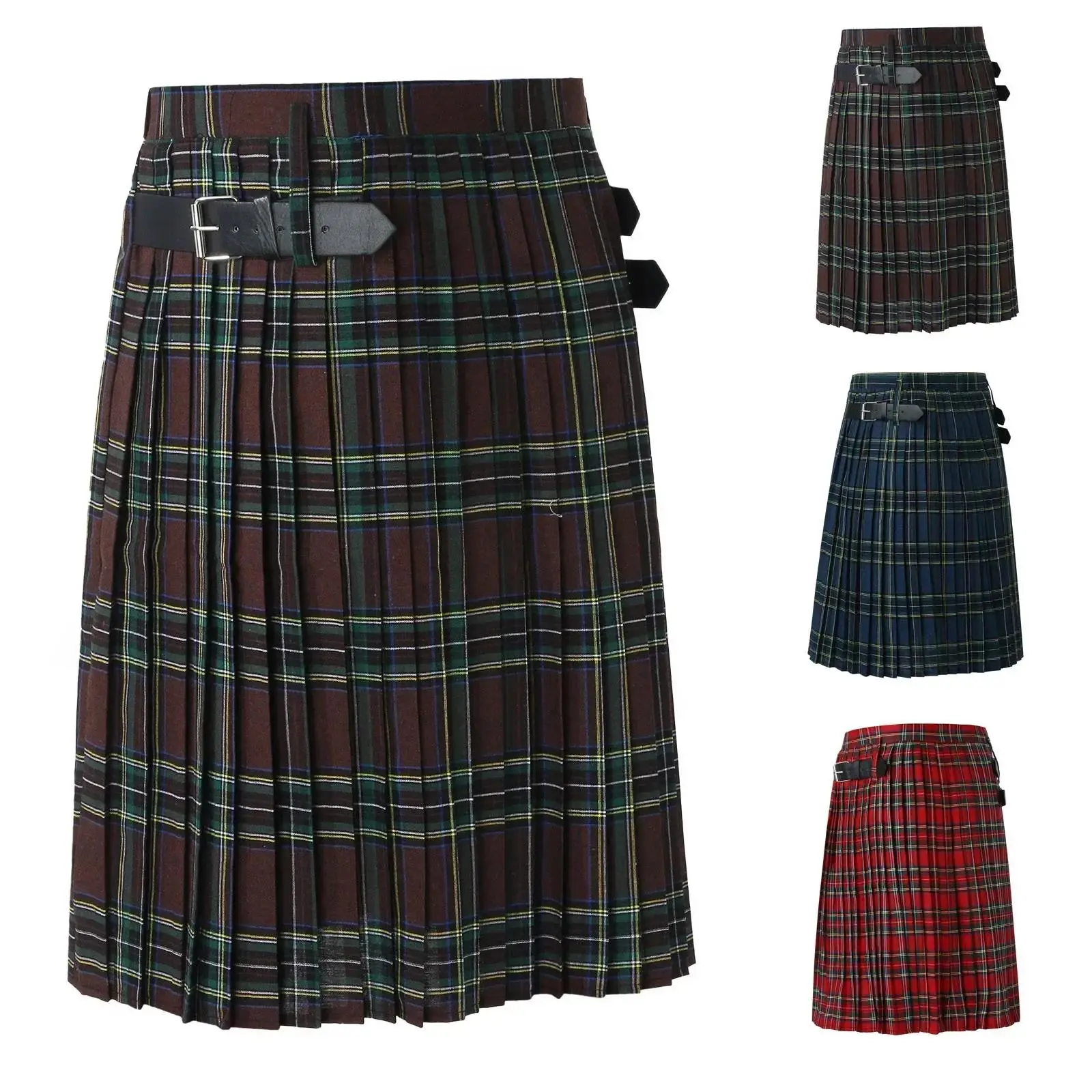 Men's Tartan Kilt Skirt - Vintage Gothic Punk Cargo Pleated Menswear, Multi-Size Mens Clothing for Special Occasions, Streetwear Costume Clothes, Pleated Fit