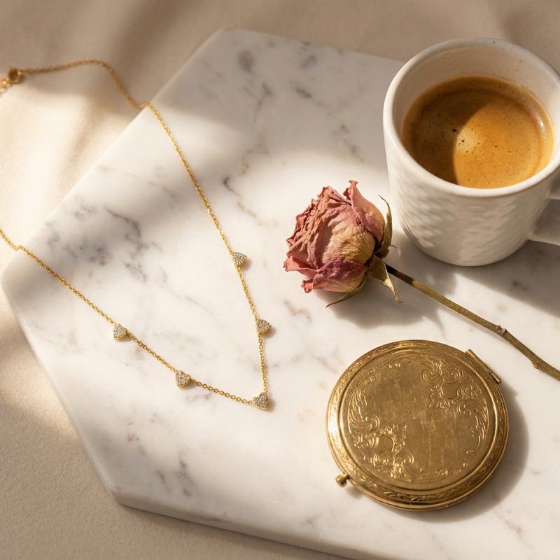 Dainty Heart Station Necklace for Women, 18K Gold Plated CZ Heart Chain Necklace, Minimalist Collarbone Jewelry Gift for Her