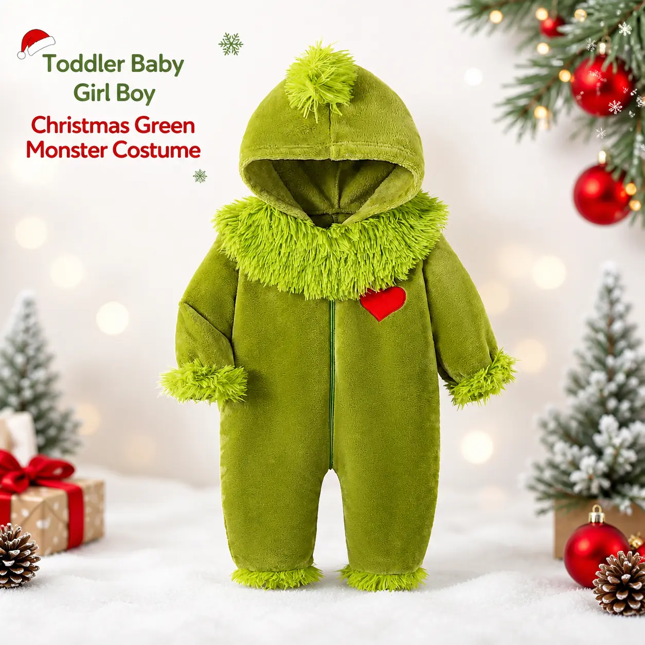 Toddler Baby Girl Boy Christmas Green Monster Costume Long Sleeve Heart Embroidery Plush Hooded Romper Newborn Jumpsuit Winter Clothes
