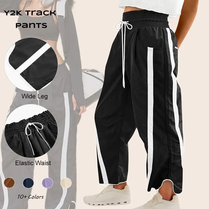 Imily Bela Women's Baggy Wide Leg High Rise Elastic Waist Workout Parachute Pants Beige Wideleg Casual Drawstring Y2K Track Bottom
