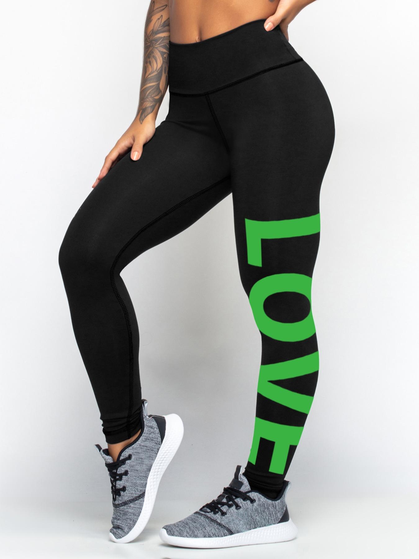 Women's Letter "LOVE" Print High Waist Sports Leggings, Sporty Comfy Skinny Pants, Summer Outfits 2024, Gym Clothes, Gym Fitness Leggings, Stretchy Workout Leggings, Ladies Sportswear, Tummy Control, Skinny Yoga Bottoms, High Waisted Leggings