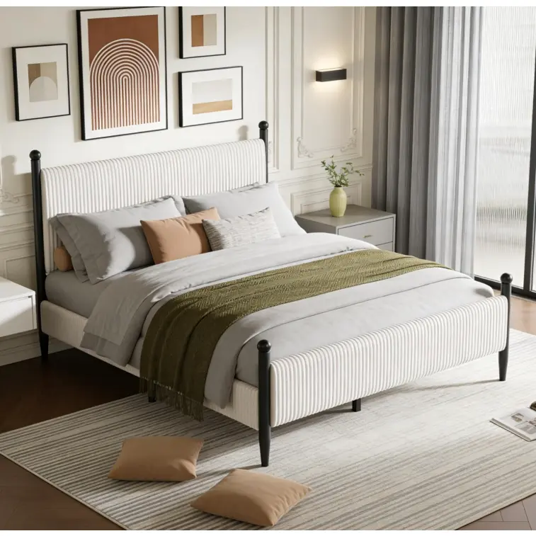 Twin/Full/Queen/King Corduroy Upholstered Bed – Vintage Vertical Stripe Headboard, Wood Slats & Metal Support – No Box Spring, Easy Assembly – Gray/White
