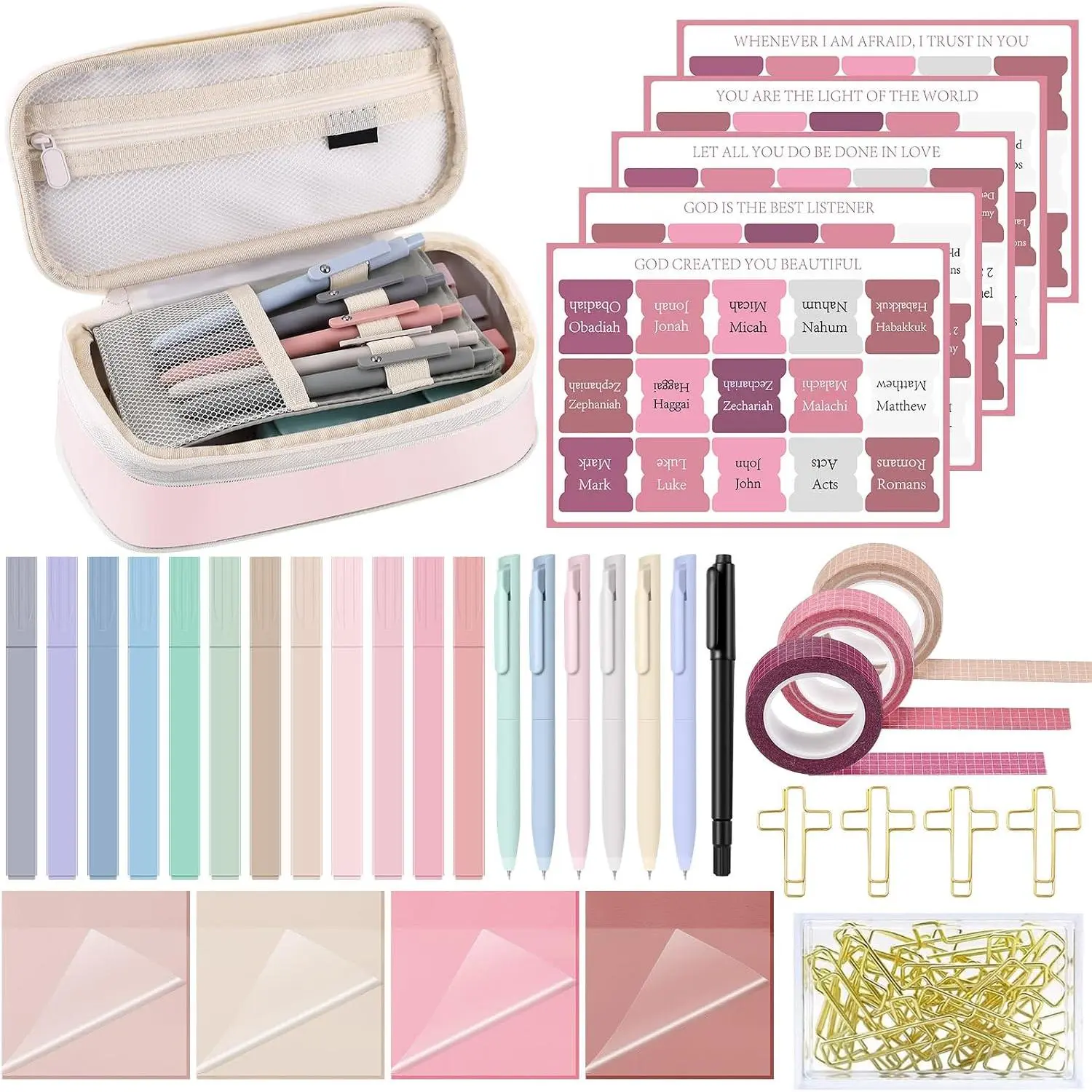 137 count  Study Supplies Journaling Kit 1 Pencil Case 12 Highlighters 4 Sticky Notes 6 Gel Pens 35 Paper Clips 3 Tapes 1 Markers 75 Tabs for Christmas  School Gifts()