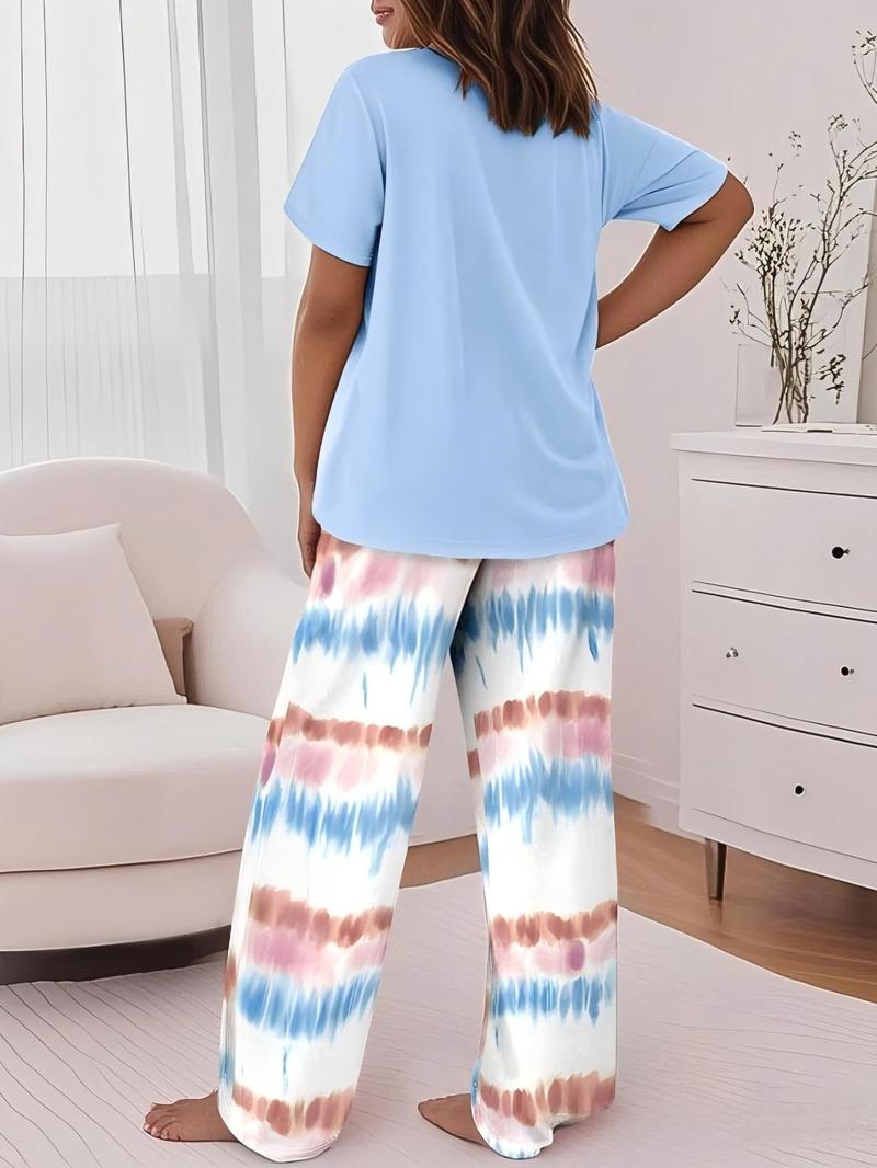 Women's Casual Printed Round Neck Short Sleeve Top & Gradient Print Pants Set, Soft Comfortable Loose Fit for Daily Wear