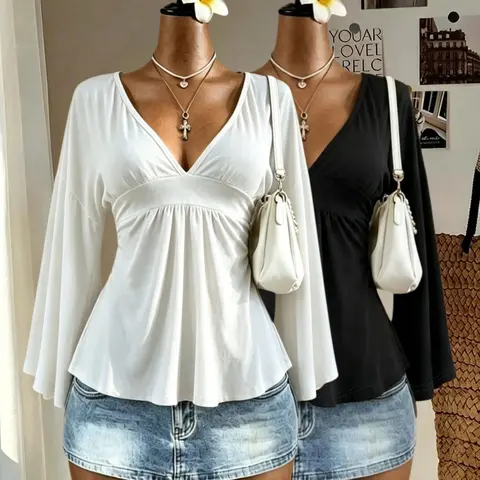 Women's 2-Piece Deep V-Neck Flared Sleeve Tops, Casual Chic A-Line Ruffle Slim Fit Solid Color Knit All Seasons Wear