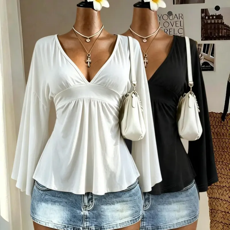 Women's 2-Piece Deep V-Neck Flared Sleeve Tops, Casual Chic A-Line Ruffle Slim Fit Solid Color Knit All Seasons Wear