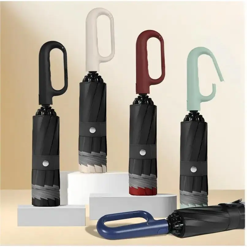 High-End Model Modern 23in Rain & Sun Reverse Buckle Umbrella, Unisex Ring-Lock Fully Automatic, Extra-Large Reinforced Thick Frame, Reflective Strip, Silicone-Metal Components, Durable Car-Use Black Alloy Umbrella