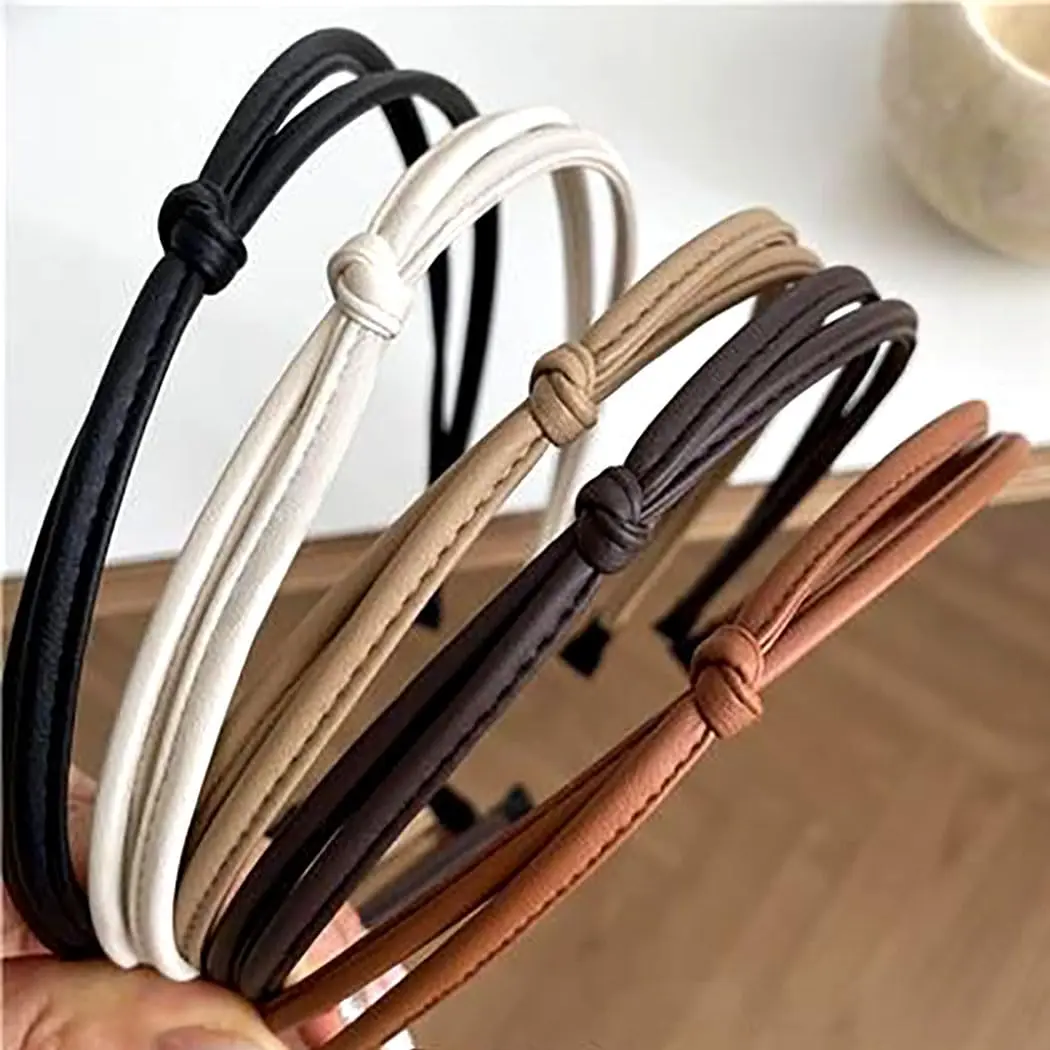 Black Brown White Leather Headbands Thin Cute Knotted HairBands Fashion Kont Hair Accessories for Women and Girls (5 Pcs)
