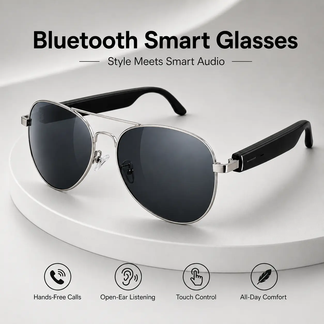Smart Glasses for Men Women, Open-Ear Bluetooth Sunglasses with Dual Speakers, Hands-Free Calling, Music, Touch Control,Voice Assistant and UV Protection
