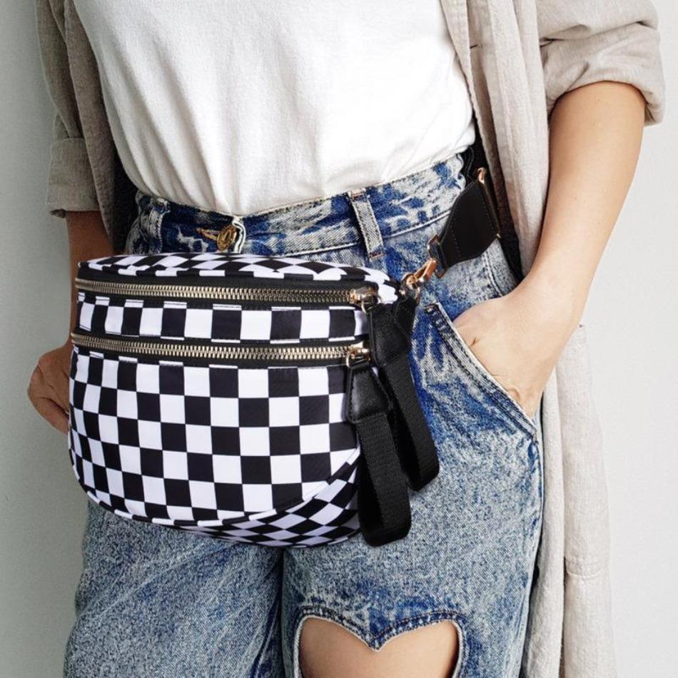 2026 New Y2K Checkered Nylon Fanny Pack, Women Trendy Plaid Crossbody Belt Bag, Adjustable Strap Large Capacity Sling Waist Pouch for Street Style Festival Summer Outdoor Travel