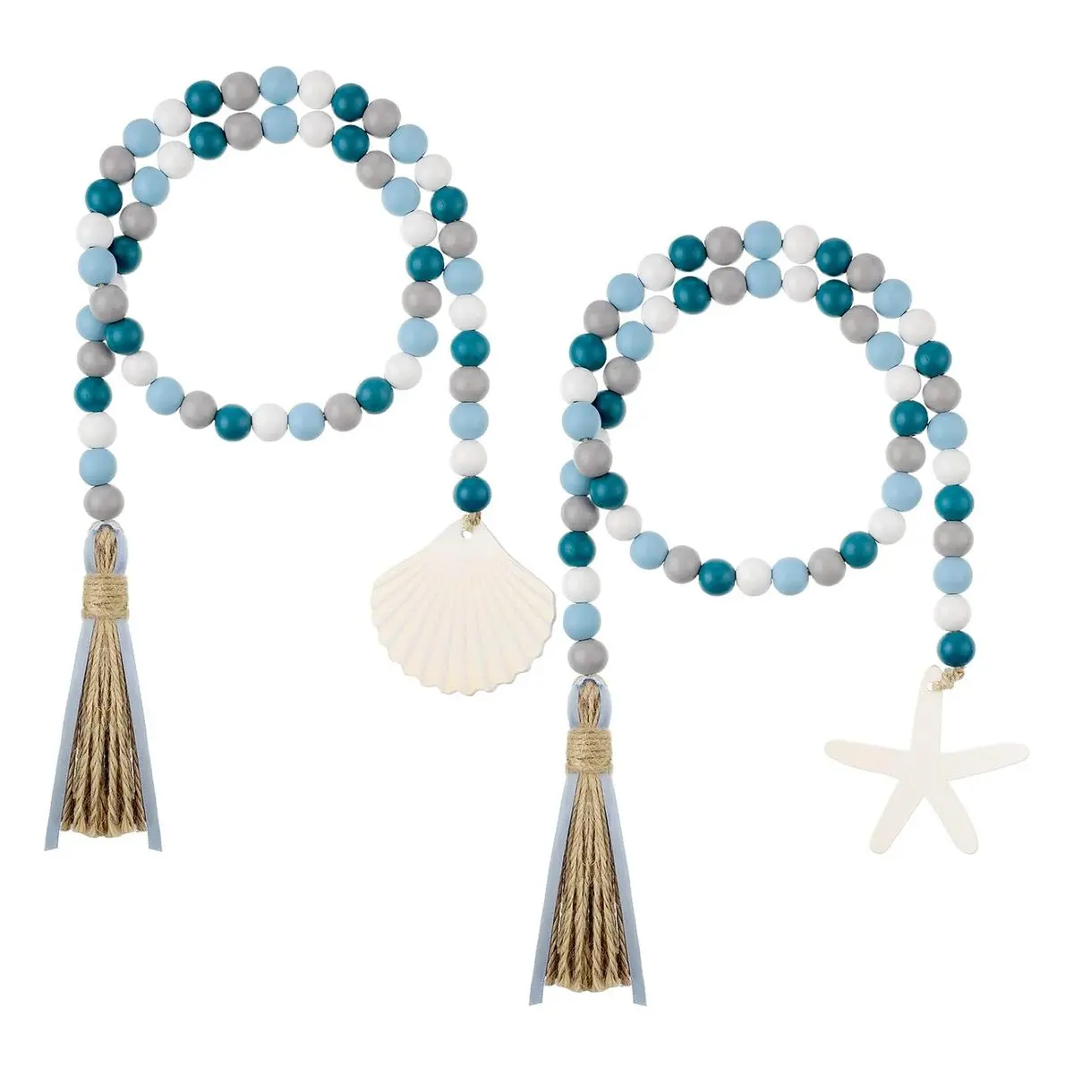 2-Pcs Farmhouse Nautical Coastal White Sturdy Wooden Bead Garland Set with Blue Decorative Seashell Beads, Tassels, 1m Length - Comfortable Hanging Home Decor for Kitchen Tiered Tray, Ideal Gifts