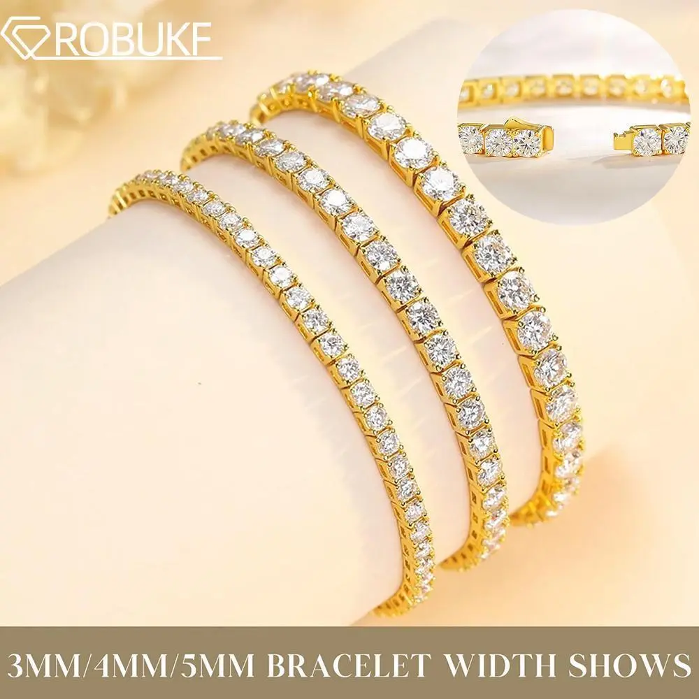 18 Karat Gold Plated Moissanite Tennis Jewelry Bracelet for Adults, S925 Sterling Silver, 3mm/4mm/5mm Lab Diamond, GRA Certified Gold Jewelry