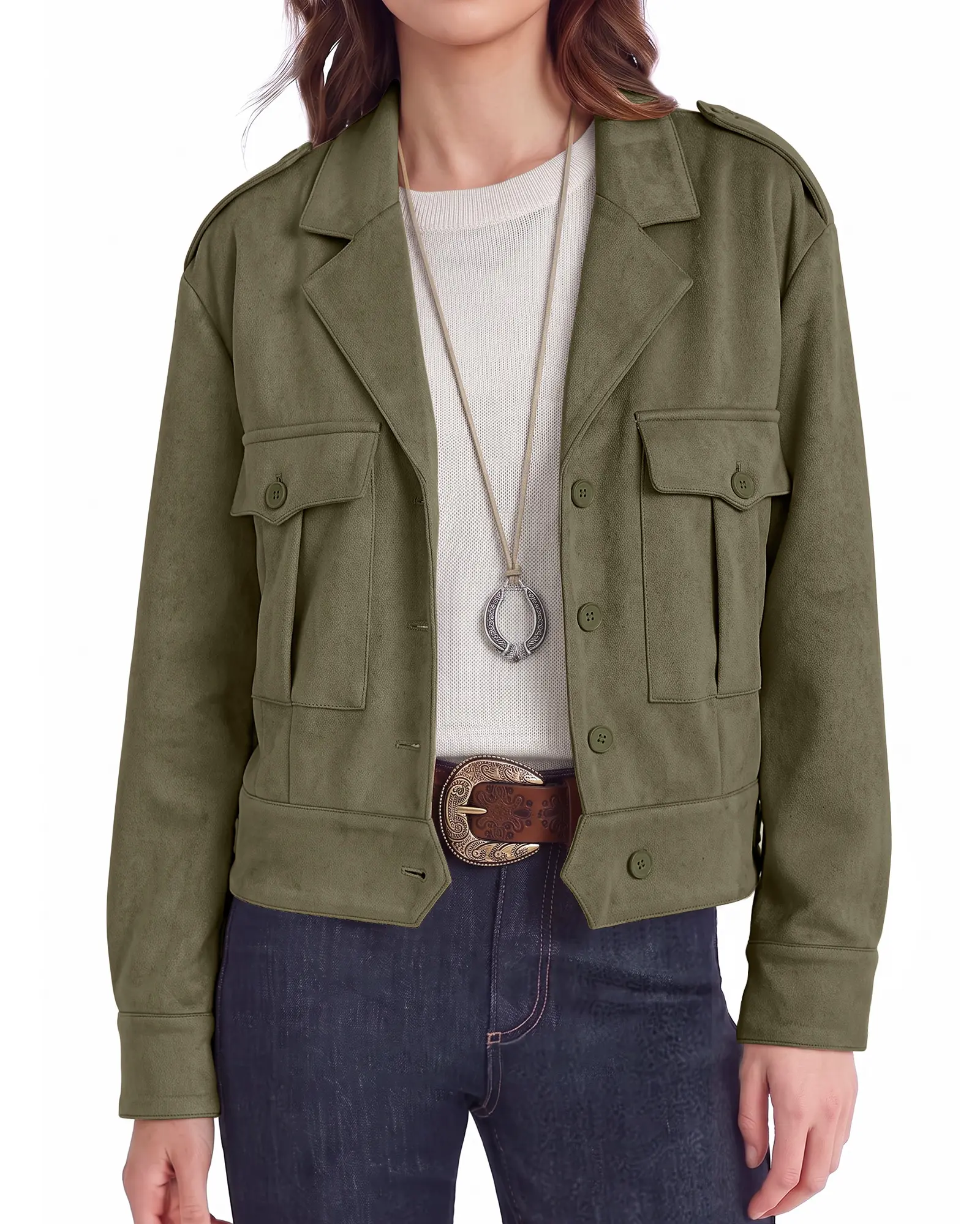 luvamia Women's Cropped Suede Jacket - Long Sleeves, Button Down, Lapel Collar, Front Pockets, Western Trendy Fall Outerwear, Tops, Everyday Wear, Machine Washable, Country Concert Outfits