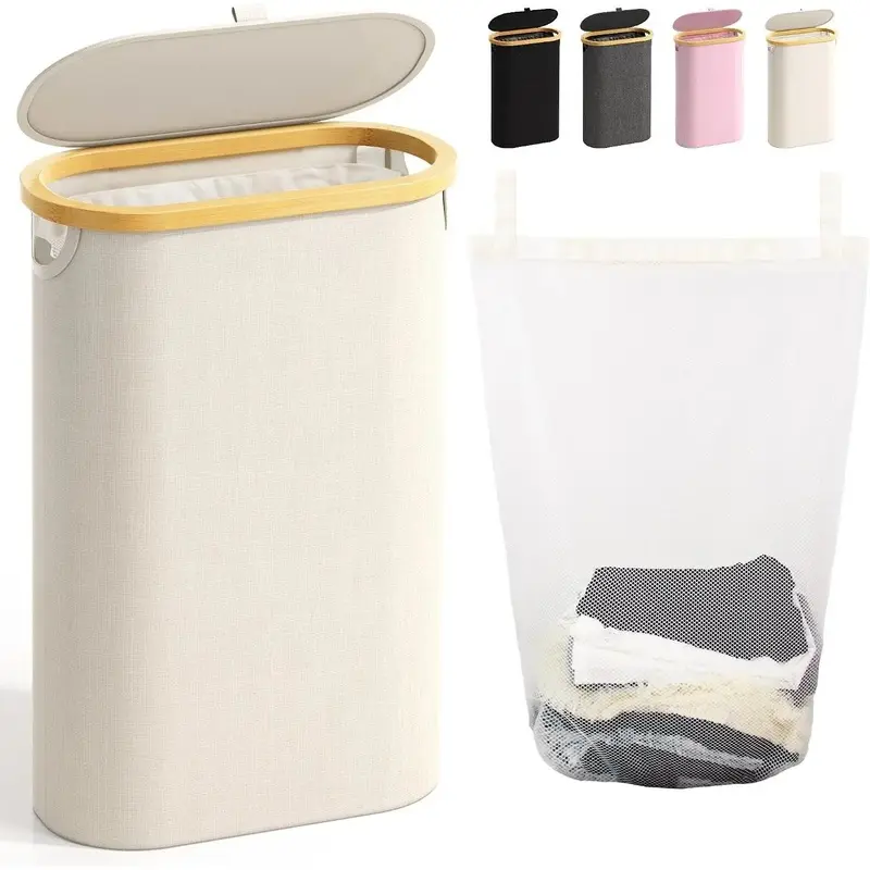 Slim Laundry Hamper with Lid, 60L Small Laundry Basket with Handles&Removable Bag, Thin Dirty Clothes Hampers for Laundry, Narrow Laundry Hampers for Bedroom Aesthetic, BeigeGift.