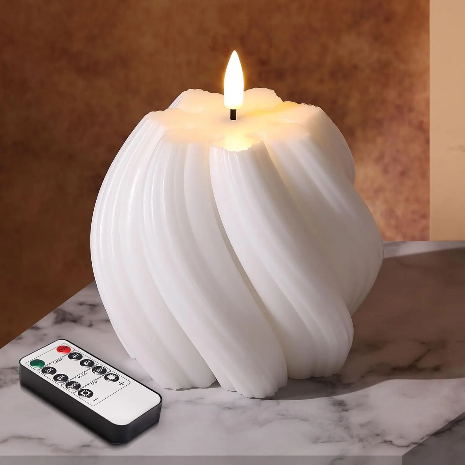 White Swirl Flameless Candle with Remote Timer |   Flickering LED Round Candle, Real Wax Coating, 2 AA Battery Powered, Aesthetic Home Shelf Decor 1 Pack
