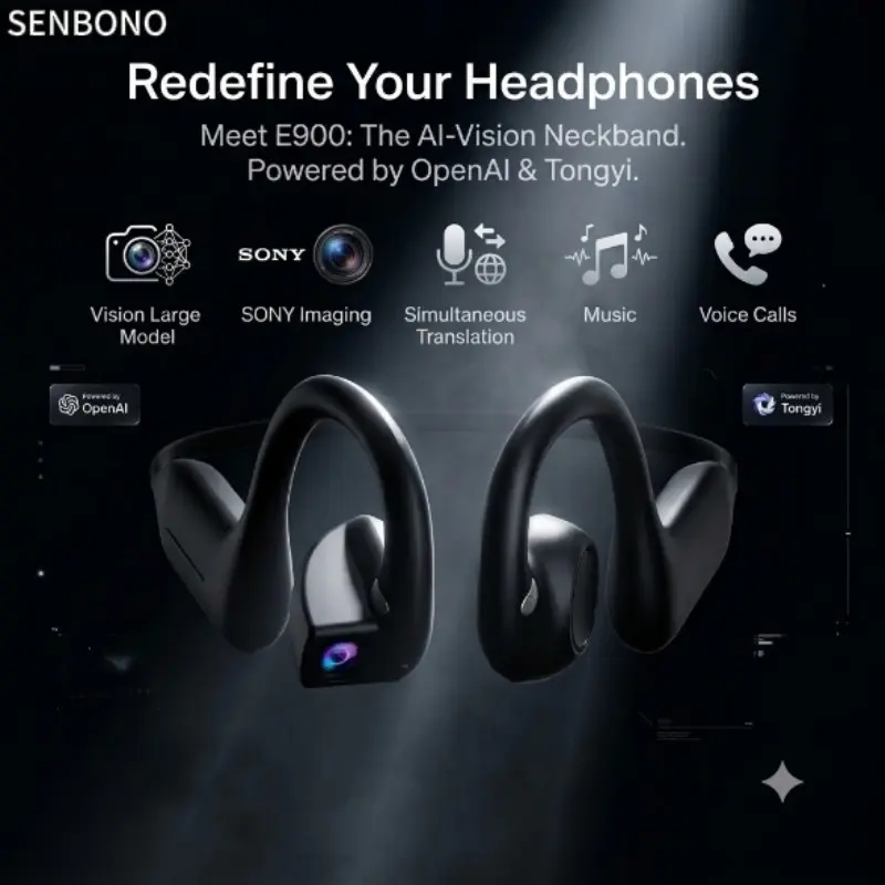 SENBONO Bone Conduction Earphones for Cycling, Bluetooth-compatible 5.4 Wireless, Open Design, Photo Video Recording, AI Translation, Long Battery Life, iOS Android Compatible