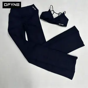 DFYNE Seamless 2-Piece Yoga Set| Strappy Cross-Back Sports Bra & High Waisted Flare Leggings| Ribbed Tummy Control Workout Outfit for Women