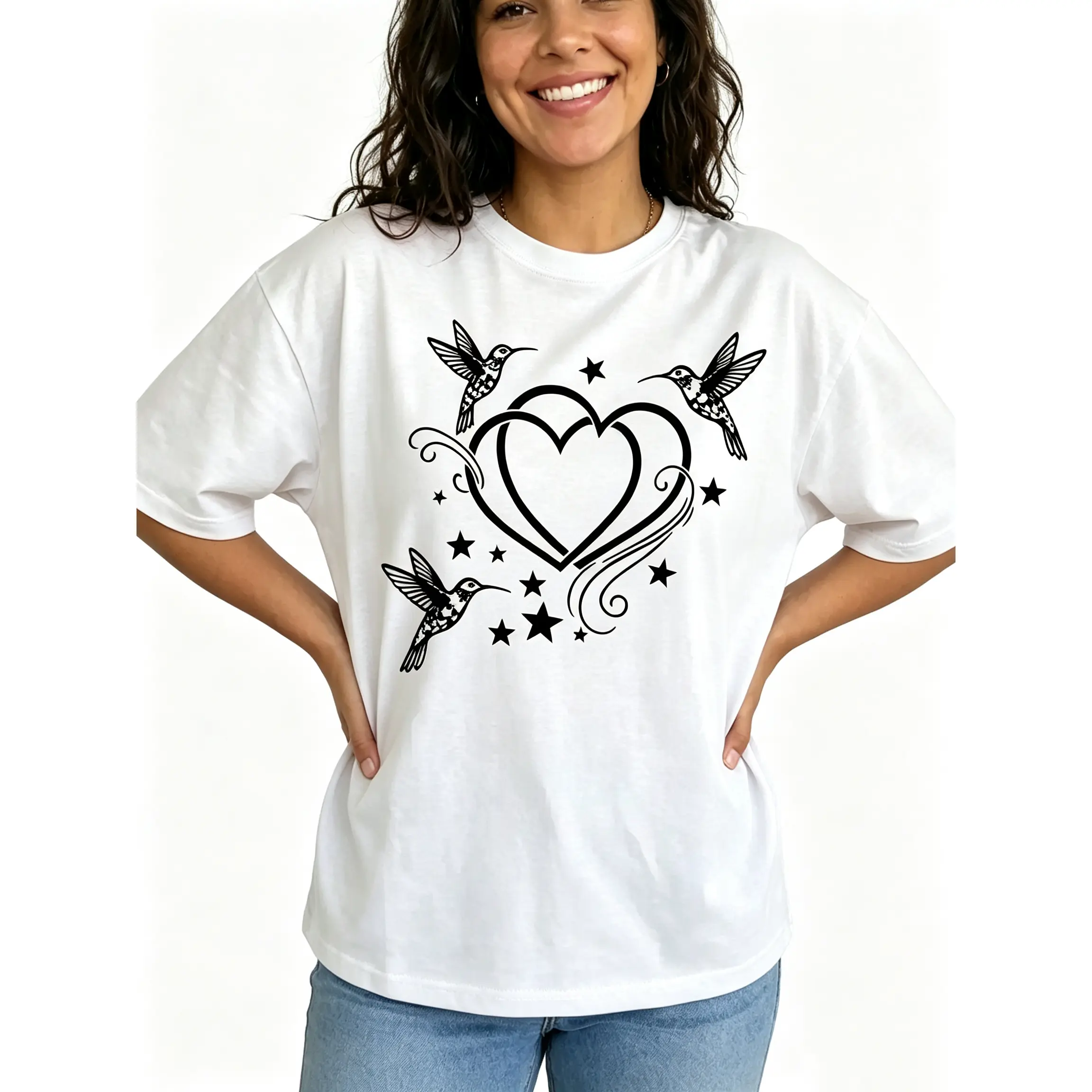 Hummingbird Heart Shirt Women Graphic Tee Bird Lover Nature Plus Size Top