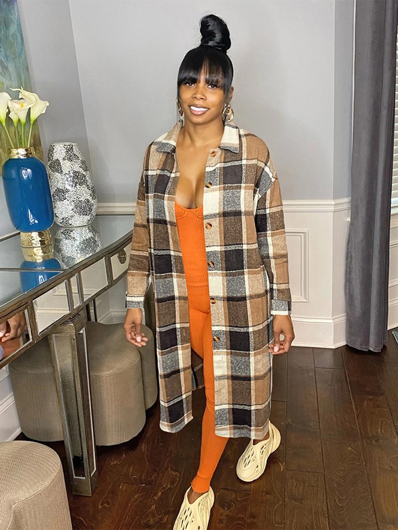 Women's Plaid Print Button Front Split Hem Overcoat Jackets, Casual Drop Shoulder Long Sleeve Collared Coat for Fall & Winter, Women's Clothing for Daily Wear