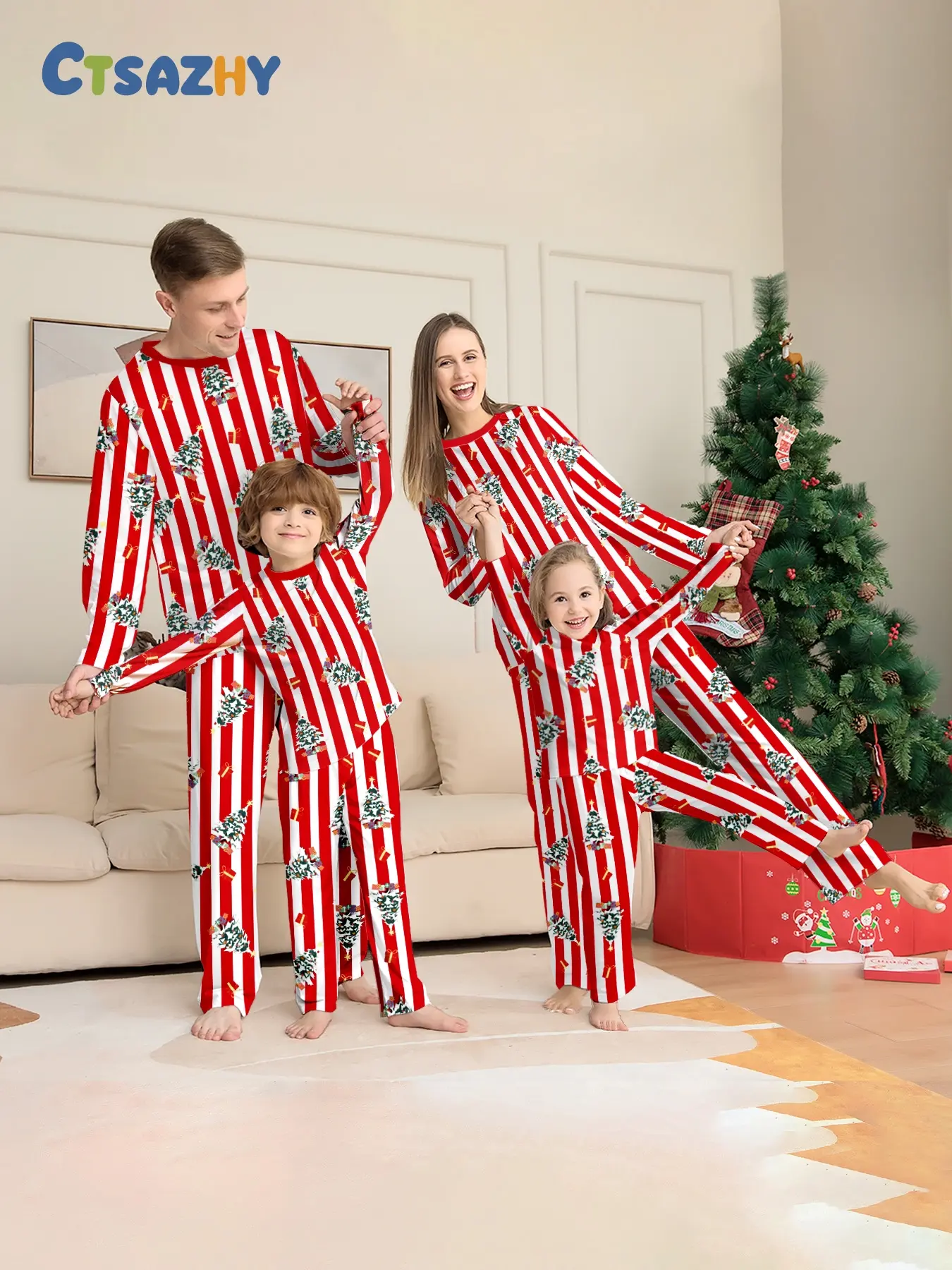Striped Christmas Pajama Set, Family Matching Sleepwear, Long Sleeve Loose Fit, Soft Breathable Fabric, Perfect for Holidays