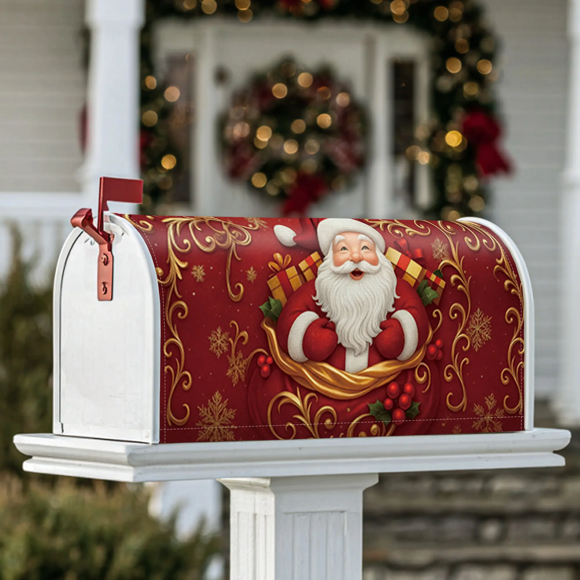 Santa Claus Magnetic Mailbox Covers, Christmas festive gifts holly Christmas red Mailbox Skin for Front Yard Decor
