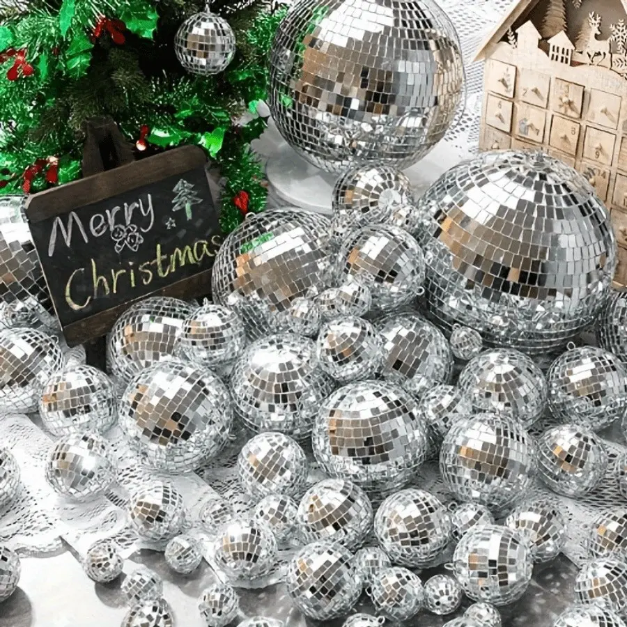 35Pcs Mixed Sizes Mirror Disco Ball Ornament Set, Retro Disco Style, Light Reflective Hanging Spheres for Wedding Christmas Bar Bedroom Party Decor & Shooting Props