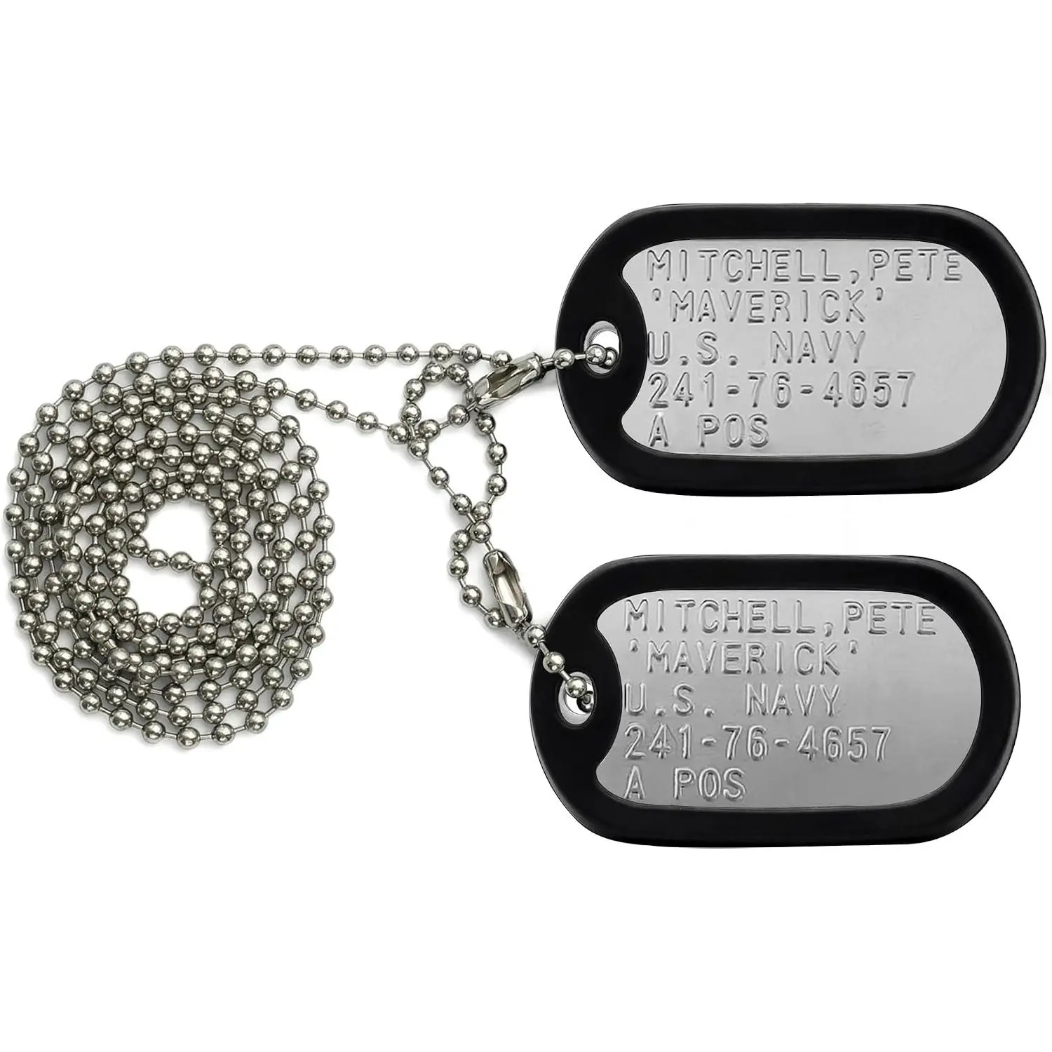Stainless Steel Military Dog Tag Set with Chains and Silencers | 2 pre-stamped tags, 2 steel ball chains, 2 black silicone silencers, fixed raised lettering, for costumes and daily wear