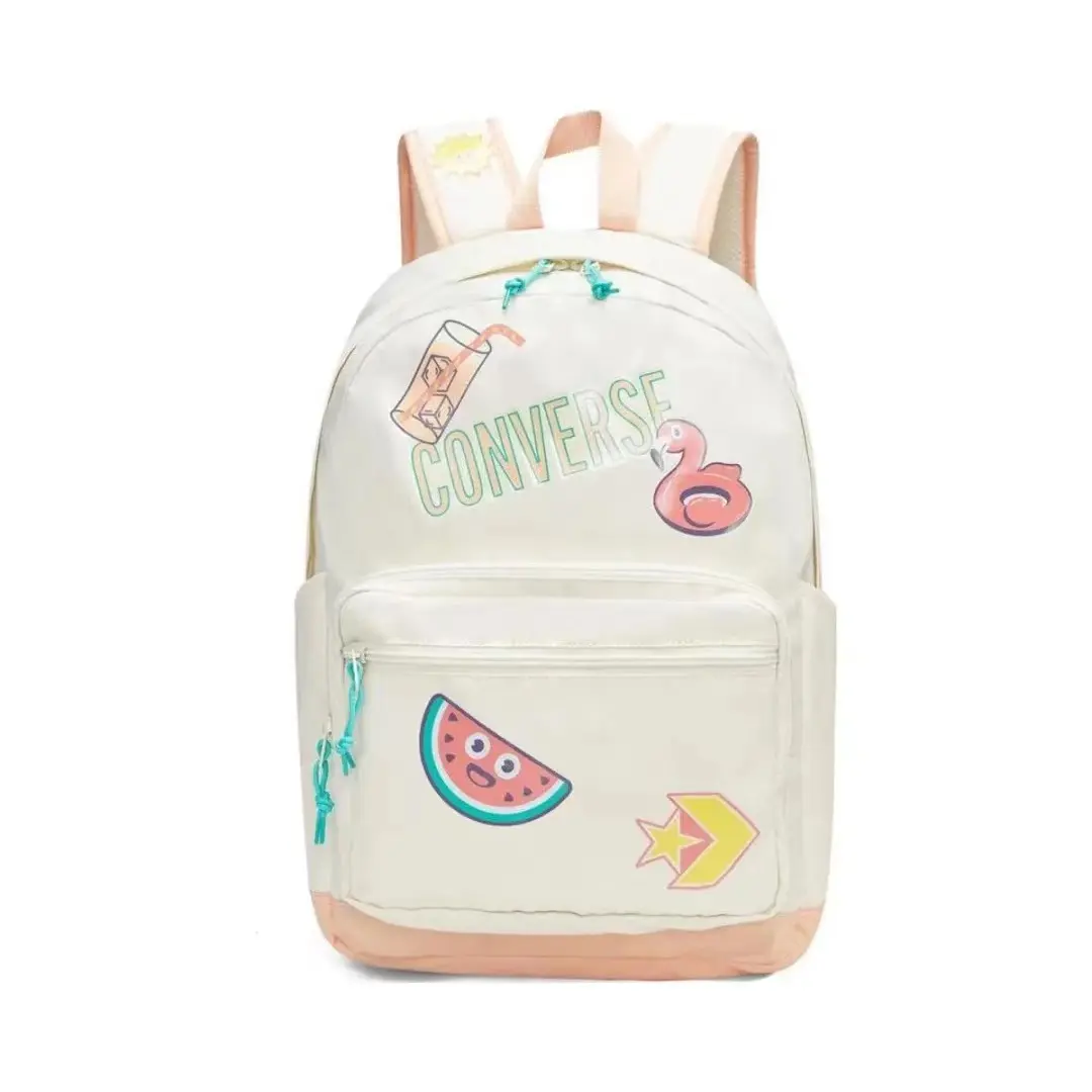 Converse Fashion Sporty Cartoon Sticker Polyester Backpack for Men and Women, Unisex White