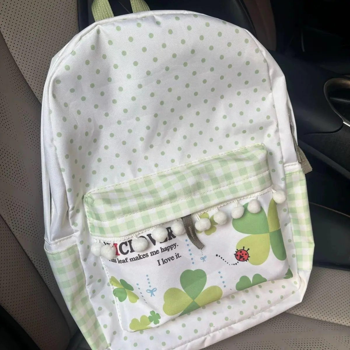 High-Capacity Clover Print Backpack - Japanese Style Green Synthetic Nylon Canvas School Travel Bag, 38*26*13cm