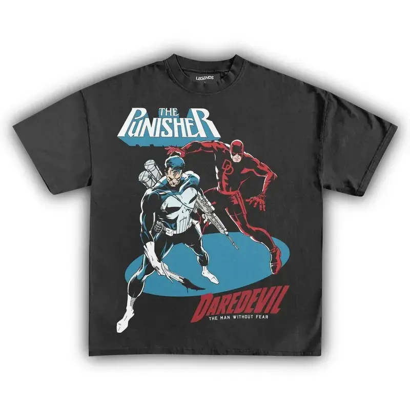 Men's The Punisher vs Daredevil Round Neck Short Sleeve Graphic T-Shirt - Smooth Fabric, Standard Fit, Streetwear Clothing, Comic Hero Artwork, Sport Top, Ideal Fan Gift