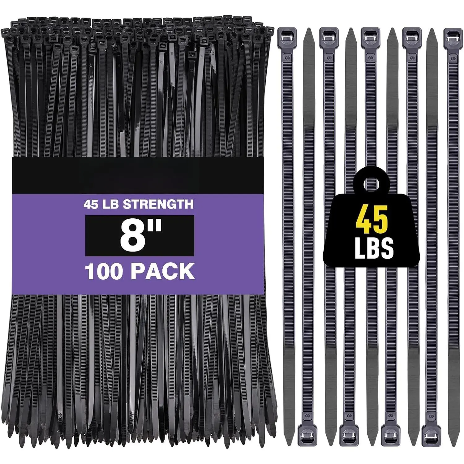 Black 8-Inch Self-Locking Nylon Plastic Strip Cable Ties (100-Pack Bulk), 45LBS Tensile Strength Hold, for Indoor & Outdoor Wire Management Electrical Home Improvement Supplies