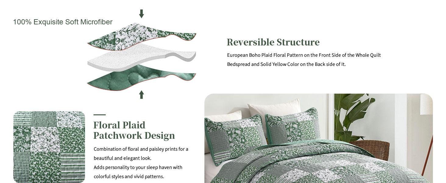 Green Set Twin Size, 2 Pieces Floral Bedspread Set Patchwork Reversible Bedding Set Microfiber Lightweight Bedspread Coverlet Set for All Season 68"x86"