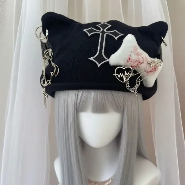 Gothic Cat Ear Beanie Hat, Cross Embroidery Knit Slouchy Cap with Metal Chain Safety Pin Plush Bone Decor, Y2K Punk Alt Streetwear Hat for Harajuku Cosplay Daily