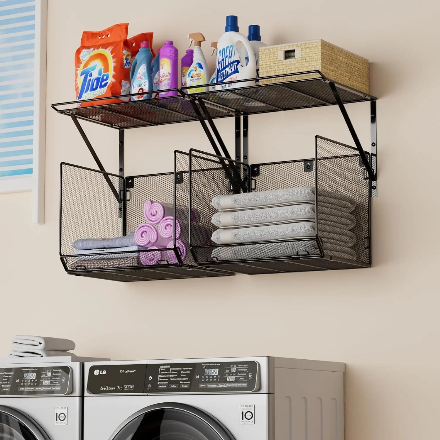 2-Pack Wall-Mounted Laundry Room Shelf Organiser with Wire Mesh Basket & Clothes Drying Rack, Over Washer/Dryer Storage Solution, Easy Installation Home Organizer Room Accessories (Black)