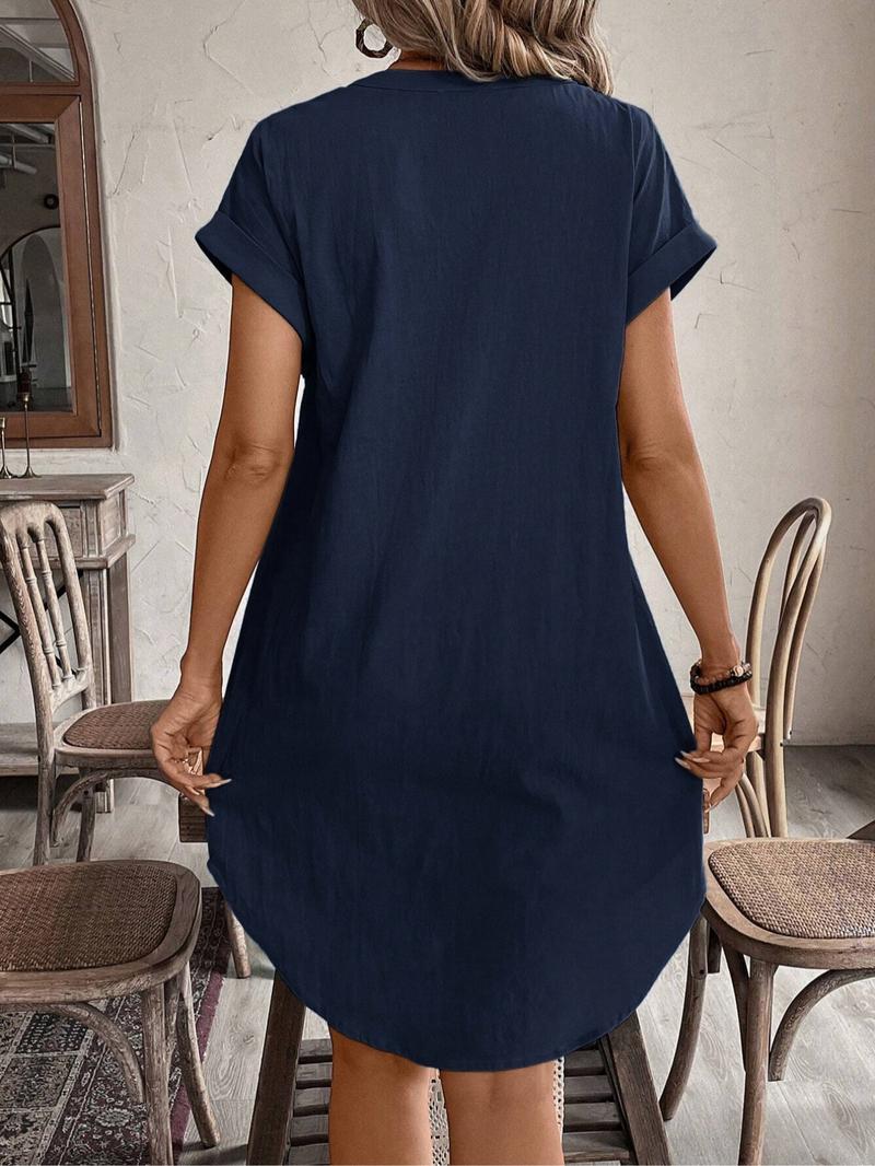 Women's Plain Notched Neck Batwing Sleeve Button Front Dress, Casual Short Sleeve Short Dress for Summer, Ladies Clothes for Daily Wear, Casual Everyday Wear