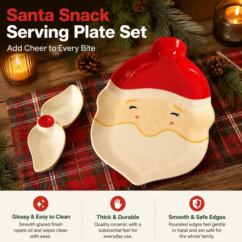 Festive Santa Ceramic Plate With Matching Mustache Dip Dish, Christmas Table Decoration For Home Party