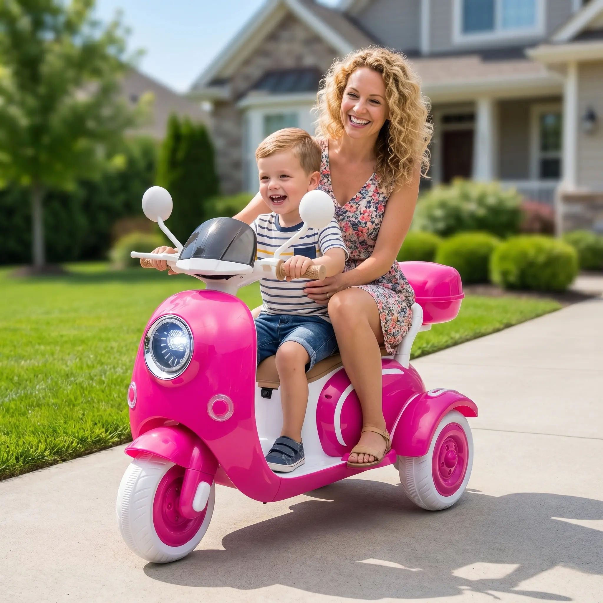Unisex 12V Battery-Powered Heavy-Duty 2-Seater Kids Polypropylene Electric Tricycle Toy, 3-Wheel Ride on Wheels, Anti-Slip Tires, Dual Motors Drive, LED Front Headlight, Smooth Start Technology, Storage Trunk & Hook for Backyard Play