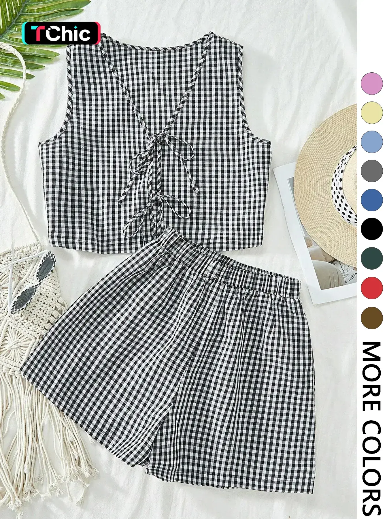 2-piece plaid striped sleeveless crop top vest and high-waisted loose shorts women's casual suit summer