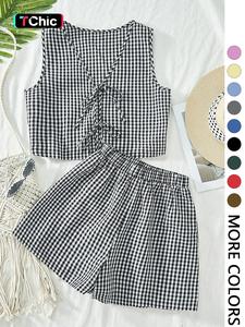two-piece set women's plaid print tank top & high waist shorts set, casual cute sleeveless top & shorts for summer, ladies clothes for daily wear, matching set outfit, clothing, womenswear, matching sets, go out sets