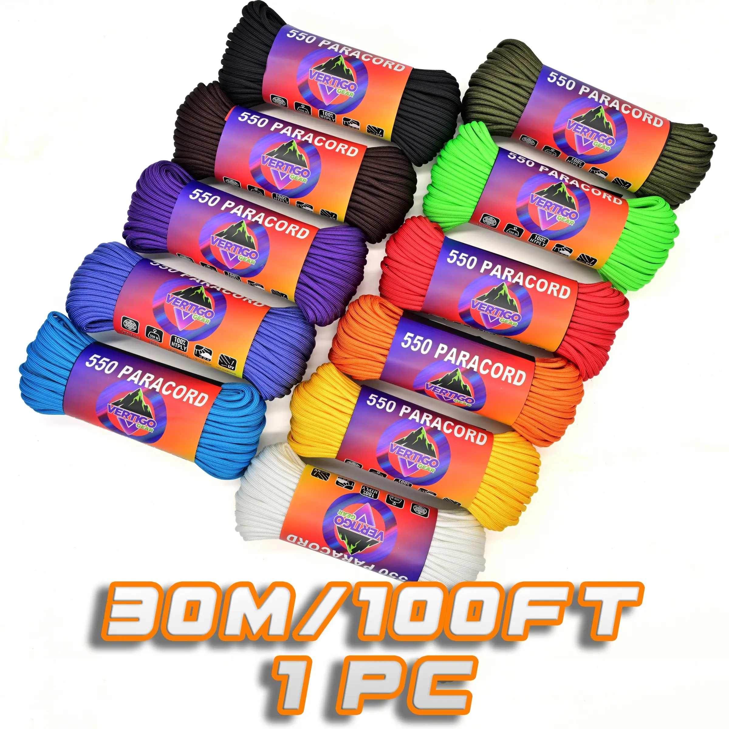 Paracord 550 Tactical Parachute Line, 30m/100ft, 4mm Diameter, 11 Colors, Survival & Camping Gear, Outdoor Rope, Striped Parachute Line, General Purpose Rope