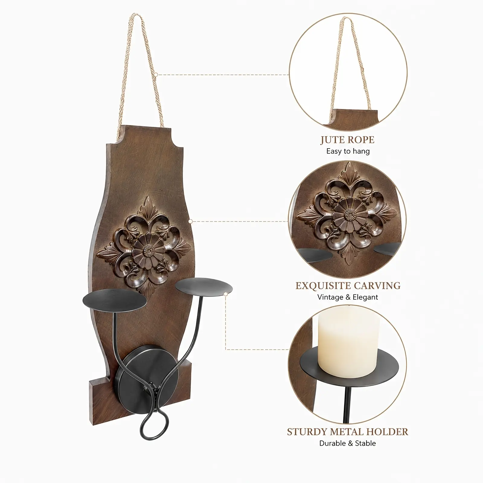 Vintage Wall Mounted Candle Holder, Wooden Candle Sconce Home Wall Decor, Wall Hanging Ornament for Living Room, Farmhouse, Fireplace & Wedding, Perfect for Christmas & Halloween (Candles Not Included)