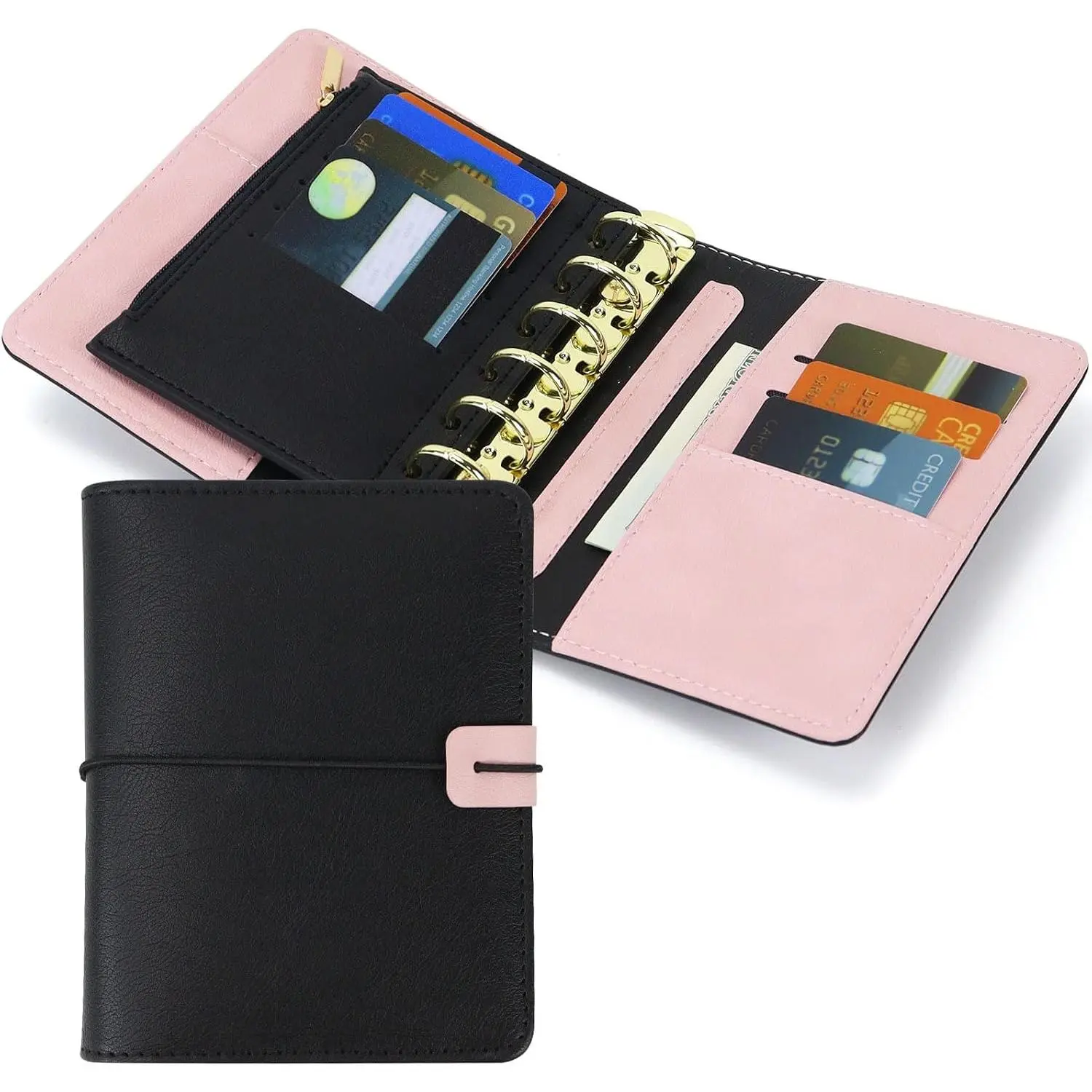 A7 PU Leather 6-Ring Binder Cover with Detachable Zipper Pouch | Portable Small A7 Binder Wallet Planner Organizer & Notebook Cover for Work & School, Aesthetic Black Binder Only
