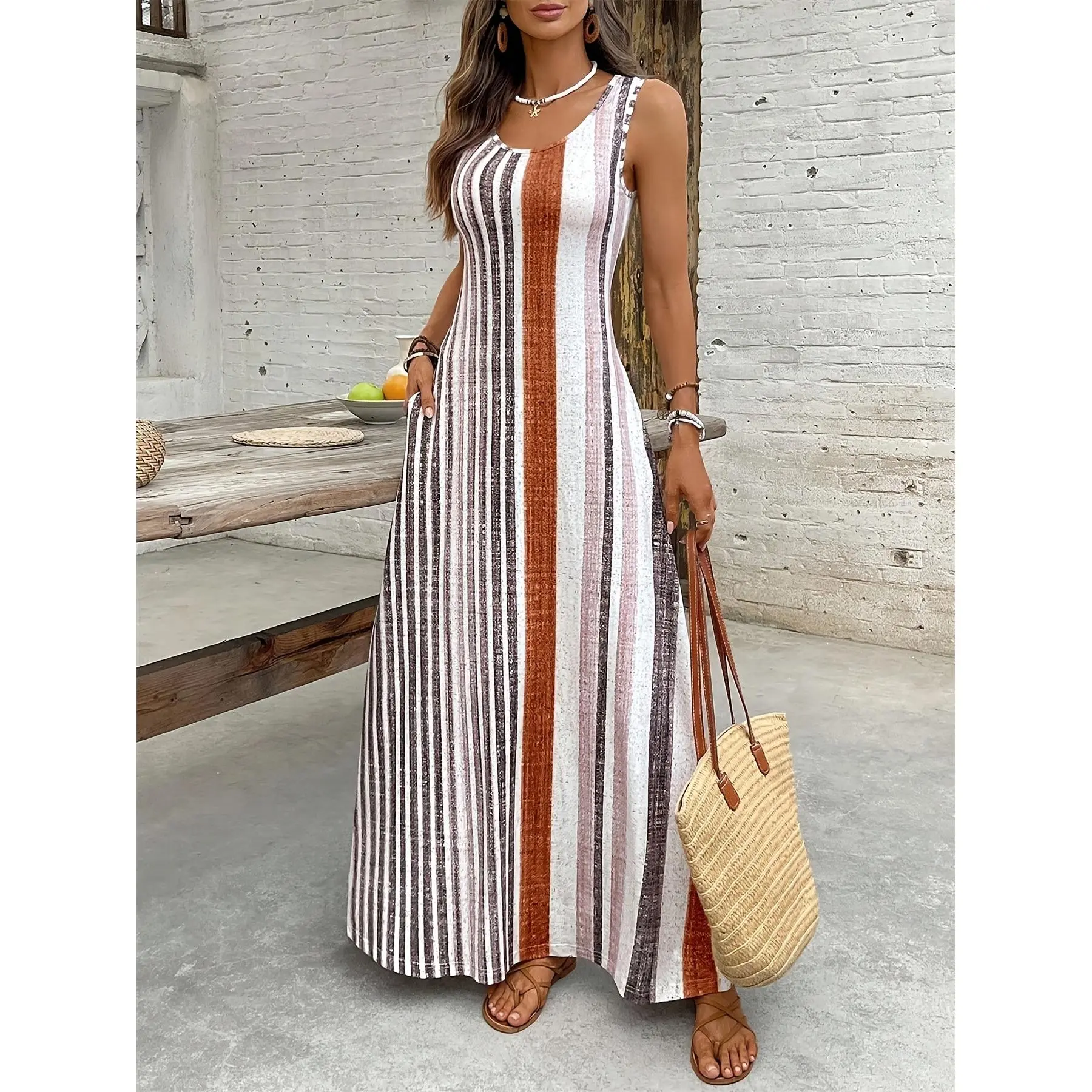 [Long Vest Dress] Women's Long Vest Dress, Casual Summer Vacation Style Color Block Striped Print Sleeveless Dress with Pockets, Elegant Long Dress for Outings